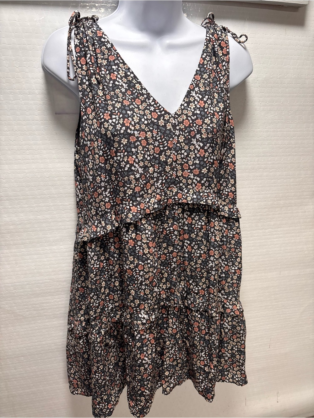 Rails Black Floral Tie-Shoulder V-Neck Mini Dress with Peach & Cream Blooms